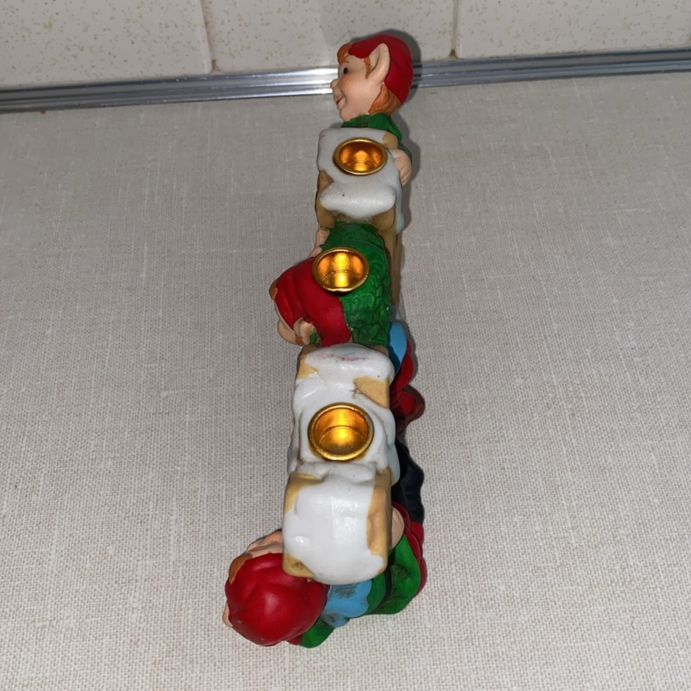 Robel Hall JOY Pixie Elf Trio Christmas Candle Holder Hand Painted 7" Vintage - Picture 5 of 11